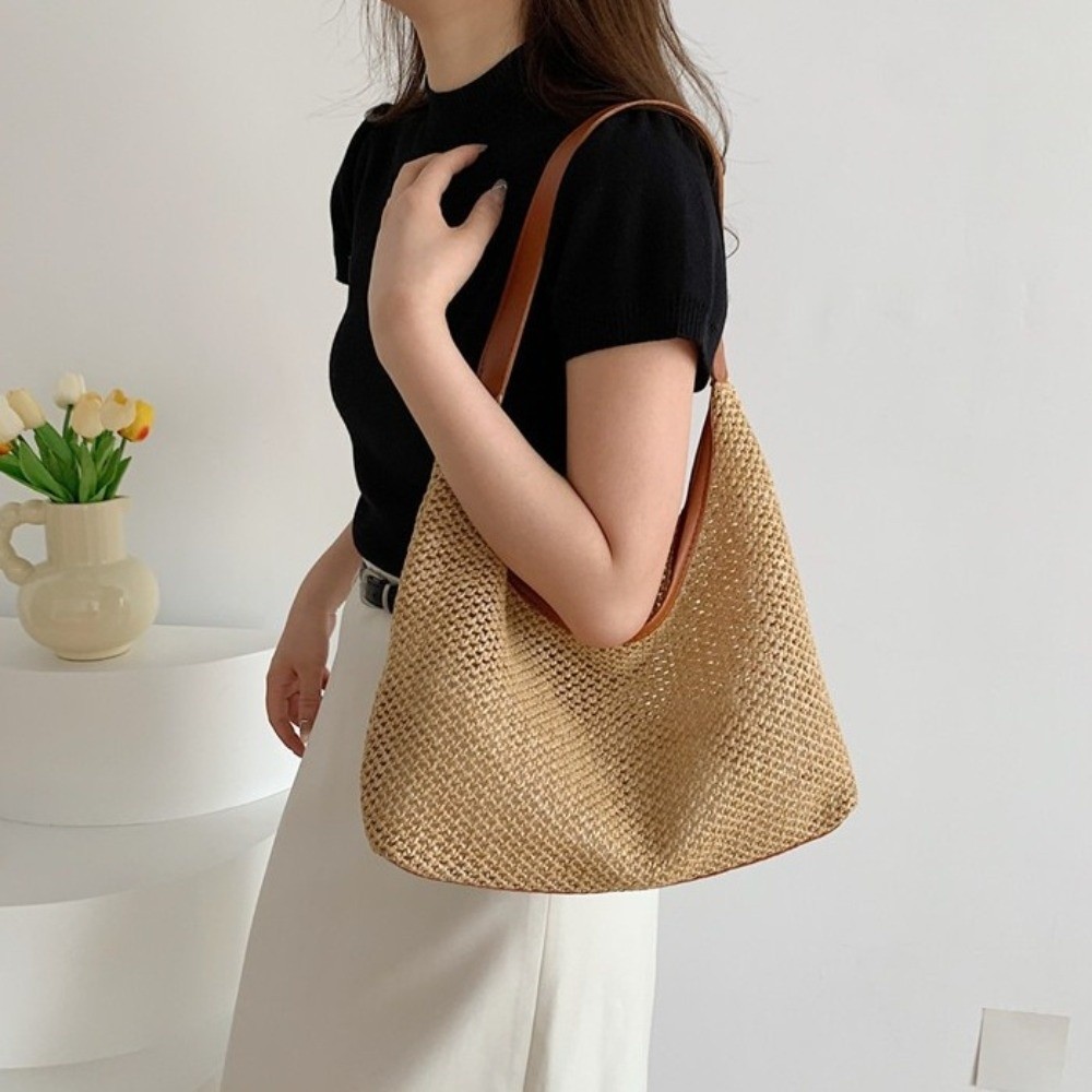 Cute Solid Color Weave Straw B - Tote Bag Beach ulasan dan harga
