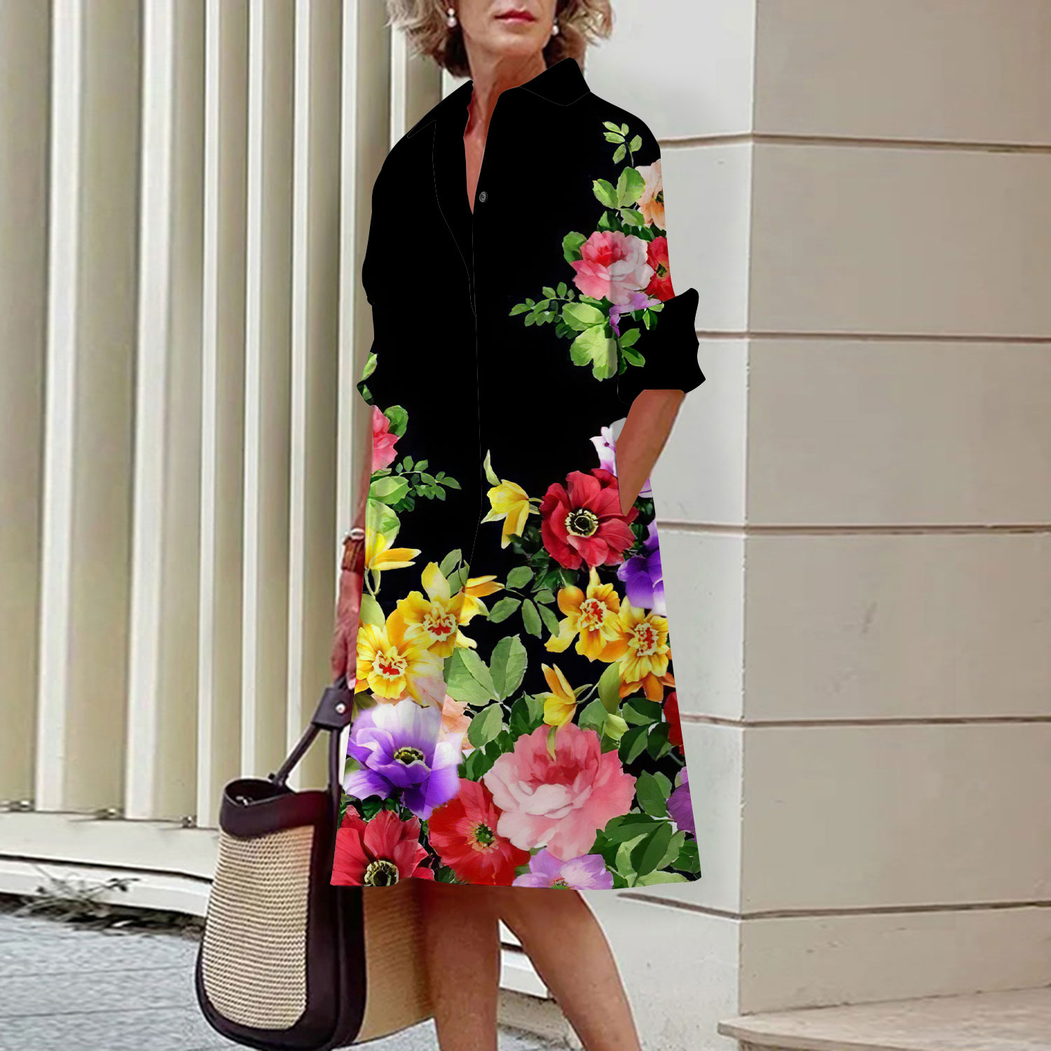 Floral Pattern Shirt Dress Ele - Midi Skirt Floral ulasan dan harga