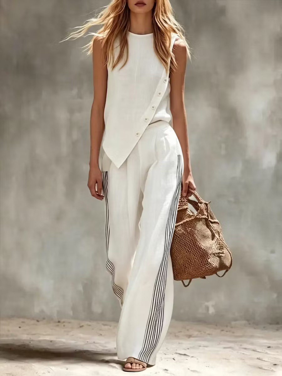 Side Button Irregular Sleevele - Linen Pant Wide ulasan dan harga
