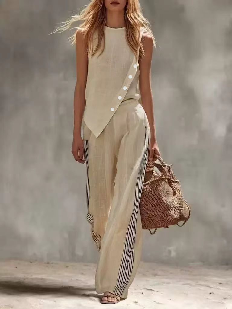 Side Button Irregular Sleevele - Linen Pant Wide ulasan dan harga