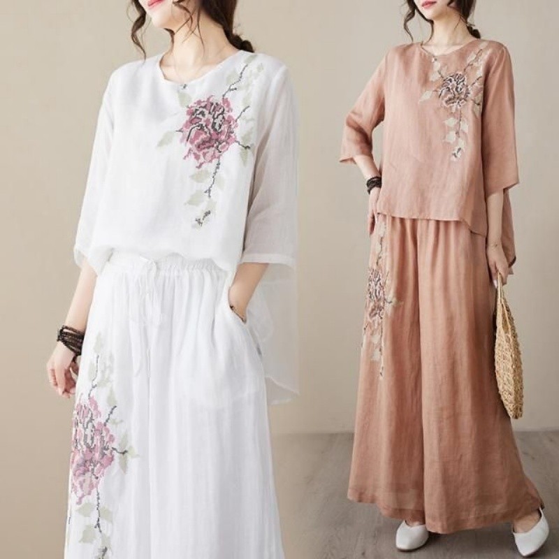 Linen Cotton Two Piece Set Wom - Linen Pant Wide ulasan dan harga