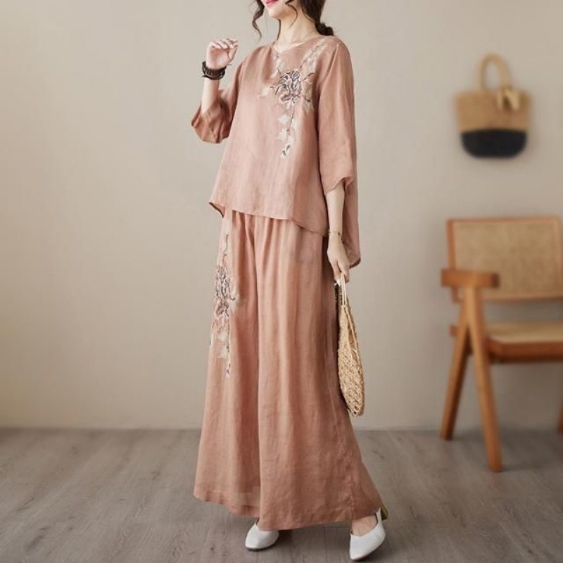 Linen Cotton Two Piece Set Wom - Linen Pant Wide ulasan dan harga