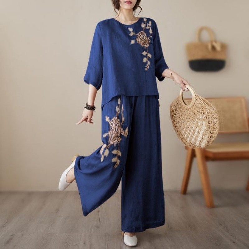 Linen Cotton Two Piece Set Wom - Linen Pant Wide ulasan dan harga
