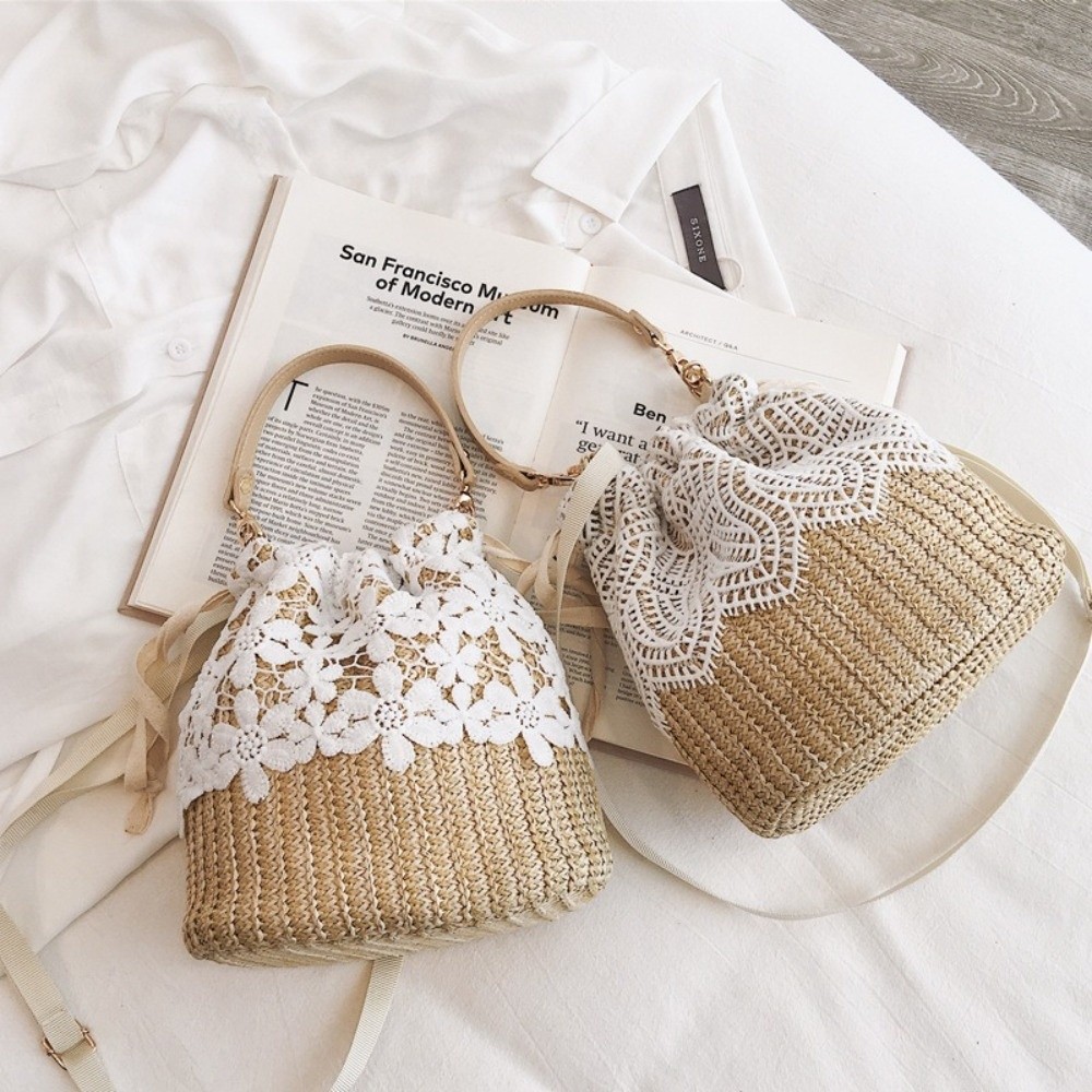 Vintage Lace Straw Shoulder Ba - Tote Bag Beach ulasan dan harga