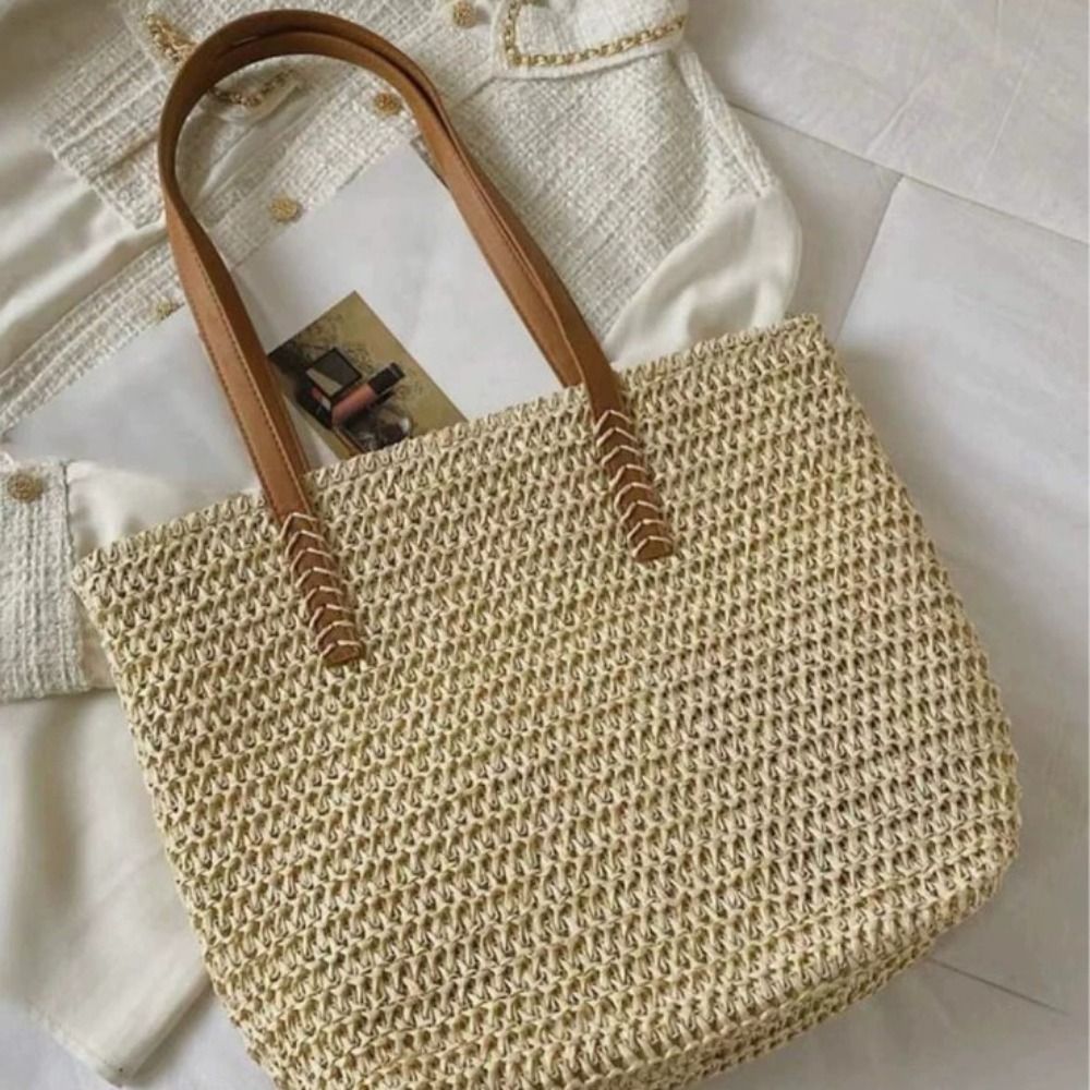 Cute Solid Color Weave Straw T - Tote Bag Beach ulasan dan harga