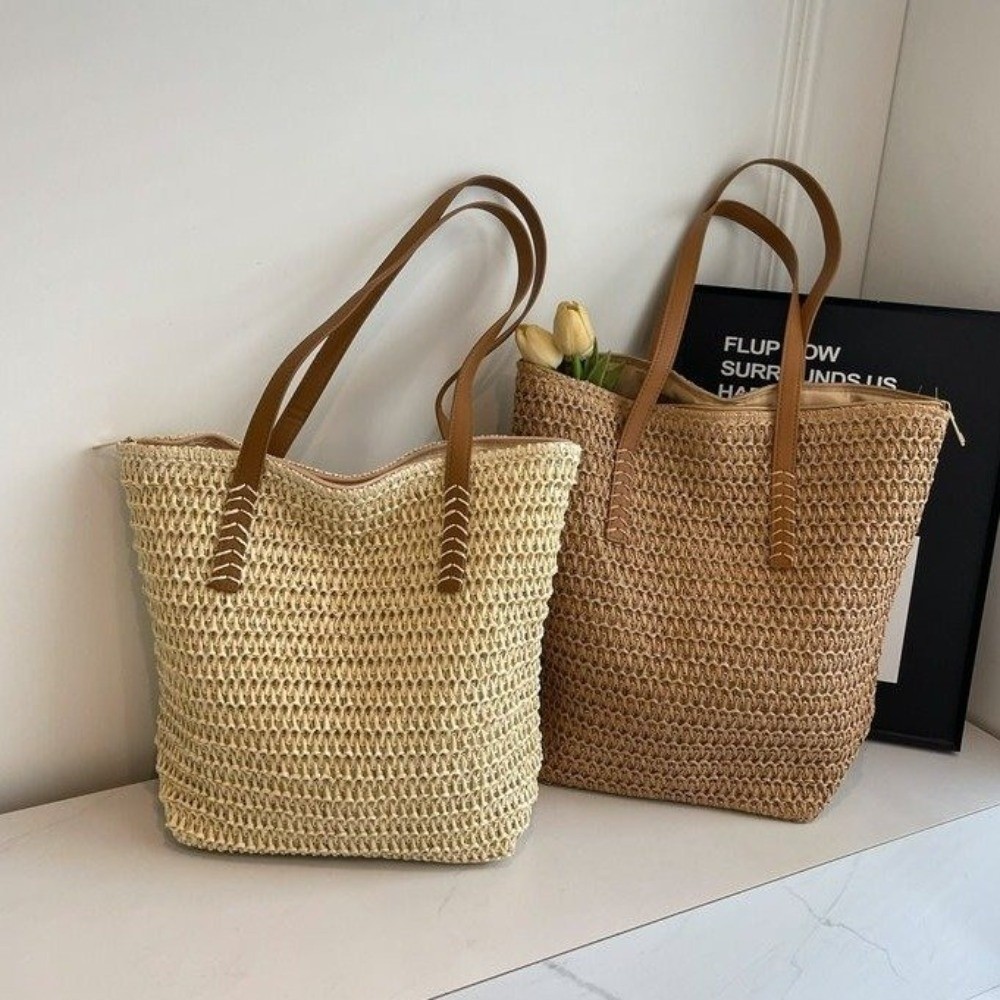 Cute Solid Color Weave Straw T - Tote Bag Beach ulasan dan harga