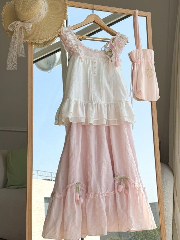 Sweet Kawaii Ruffle Trim Tulip - Midi Skirt Floral ulasan dan harga